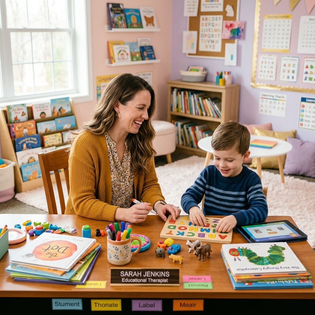 Profesora diferencial sonriendo con material educativo pastel