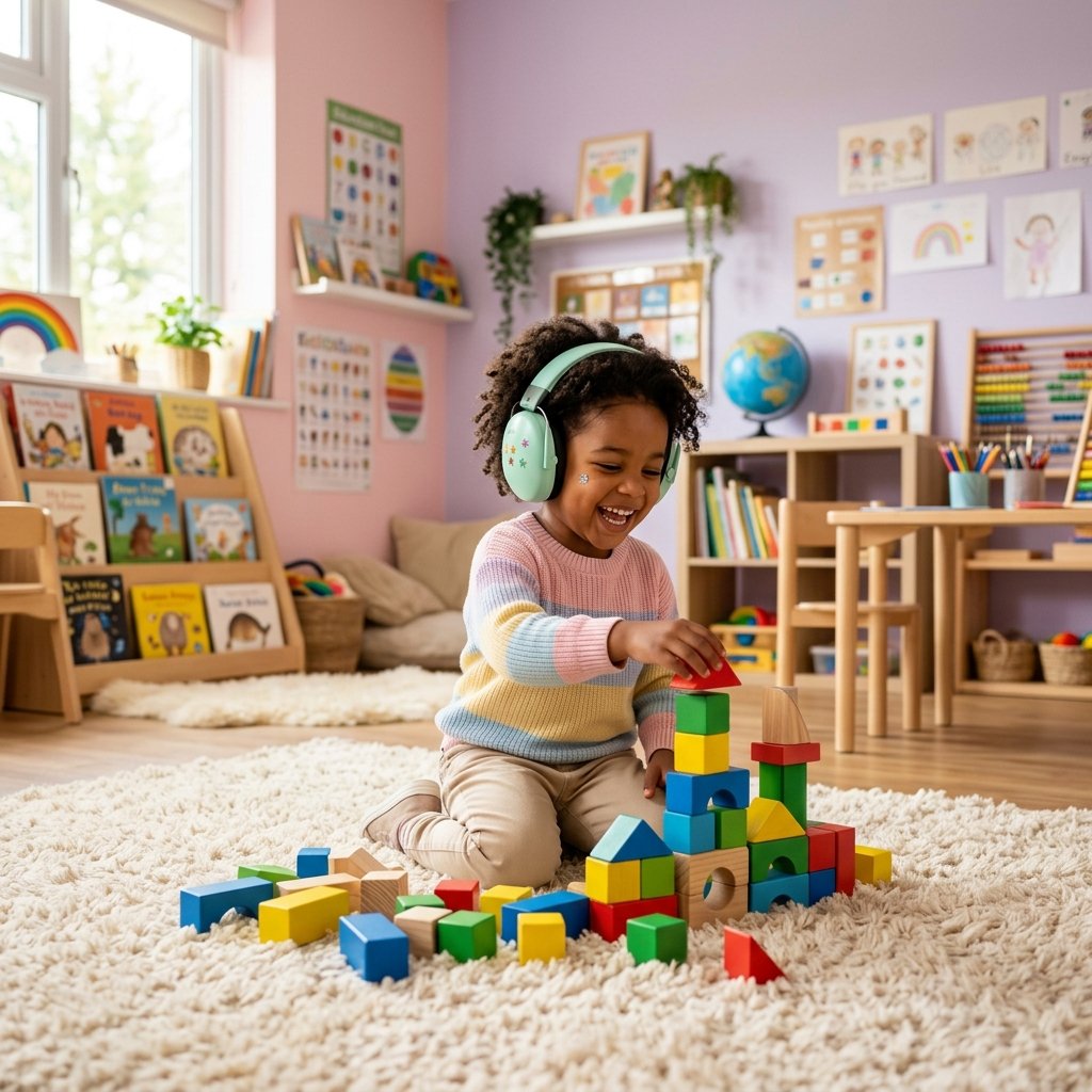 Niño con audífonos de cancelación de ruido construyendo con bloques de colores