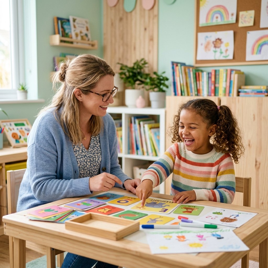 Profesora diferencial aplicando pruebas con tarjetas educativas y lápices a un niño